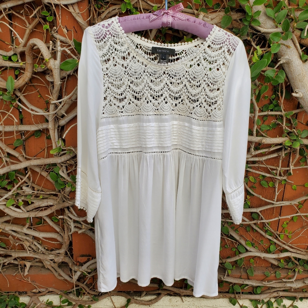 Karen Kane Crochet Trim Top, White, Size L